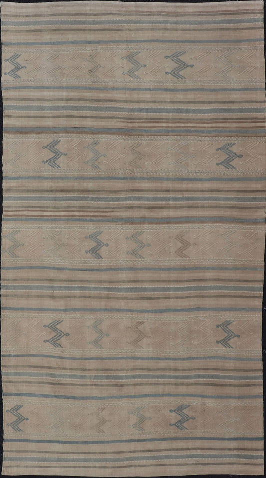 Turkish Vintage Kilim With Embroidered Motifs in Light Tan, Blue L. Brown Keivan Woven Arts / rug EN - 179451, country of origin / type: Turkey / Kilim, circa 1950 This flat - woven Kilim from Turkey features an enticing composition consisting of st... - Keivan Woven ArtsEN - 179451 - 17580