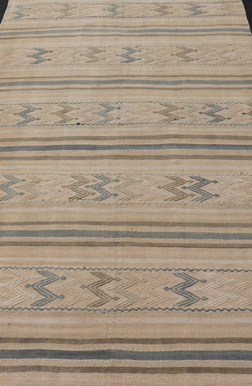 Vintage Turkish Flat - Weave with Embroideries in Earth Tones and Blue. Keivan Woven Arts / rug EN - 179452, country of origin / type: Turkey / Kilim, circa 1950 Measures:4'10 x 8'9 This vintage Turkish Kilim rug features a contemporary geom... - Keivan Woven ArtsEN - 179452 - 17592Rug