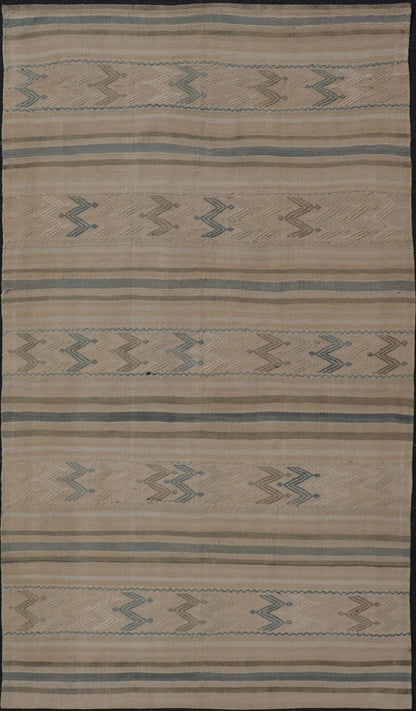 Vintage Turkish Flat - Weave with Embroideries in Earth Tones and Blue. Keivan Woven Arts / rug EN - 179452, country of origin / type: Turkey / Kilim, circa 1950 Measures:4'10 x 8'9 This vintage Turkish Kilim rug features a contemporary geom... - Keivan Woven ArtsEN - 179452 - 17592Rug