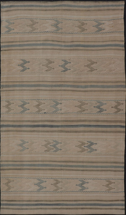 Vintage Turkish Flat - Weave with Embroideries in Earth Tones and Blue. Keivan Woven Arts / rug EN - 179452, country of origin / type: Turkey / Kilim, circa 1950 Measures:4'10 x 8'9 This vintage Turkish Kilim rug features a contemporary geom... - Keivan Woven ArtsEN - 179452 - 17592Rug