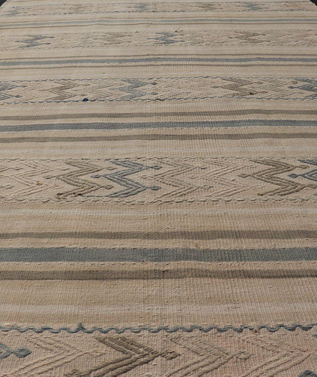 Vintage Turkish Flat - Weave with Embroideries in Earth Tones and Blue. Keivan Woven Arts / rug EN - 179452, country of origin / type: Turkey / Kilim, circa 1950 Measures:4'10 x 8'9 This vintage Turkish Kilim rug features a contemporary geom... - Keivan Woven ArtsEN - 179452 - 17592Rug
