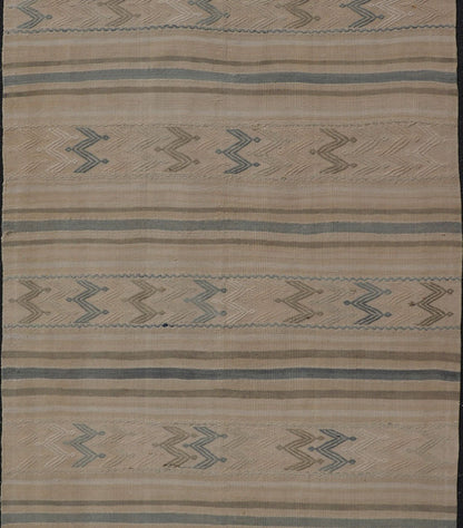Vintage Turkish Flat - Weave with Embroideries in Earth Tones and Blue. Keivan Woven Arts / rug EN - 179452, country of origin / type: Turkey / Kilim, circa 1950 Measures:4'10 x 8'9 This vintage Turkish Kilim rug features a contemporary geom... - Keivan Woven ArtsEN - 179452 - 17592Rug