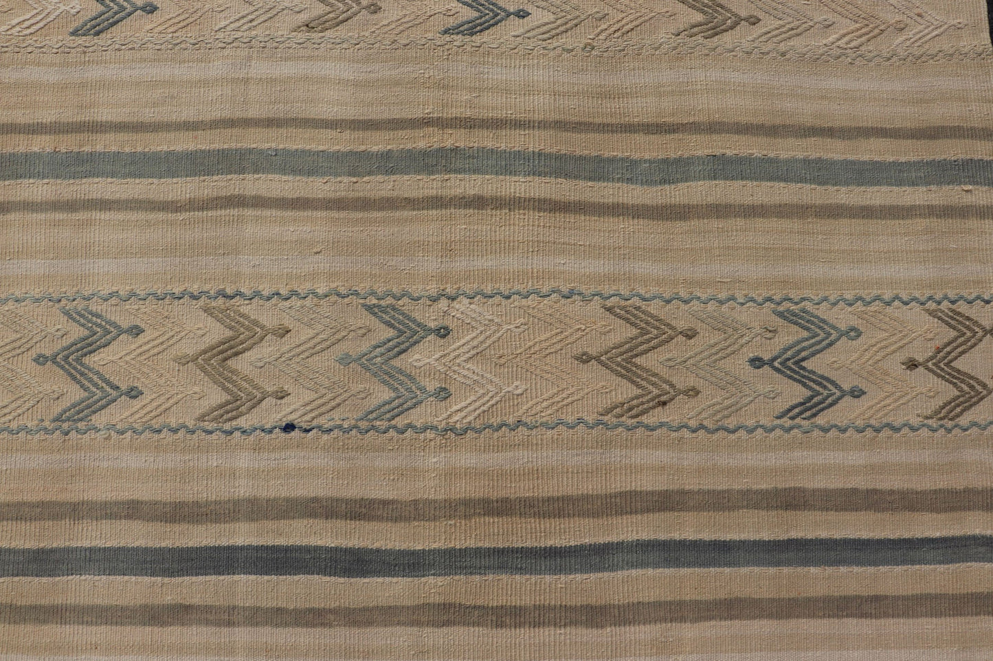 Vintage Turkish Flat - Weave with Embroideries in Earth Tones and Blue. Keivan Woven Arts / rug EN - 179452, country of origin / type: Turkey / Kilim, circa 1950 Measures:4'10 x 8'9 This vintage Turkish Kilim rug features a contemporary geom... - Keivan Woven ArtsEN - 179452 - 17592Rug