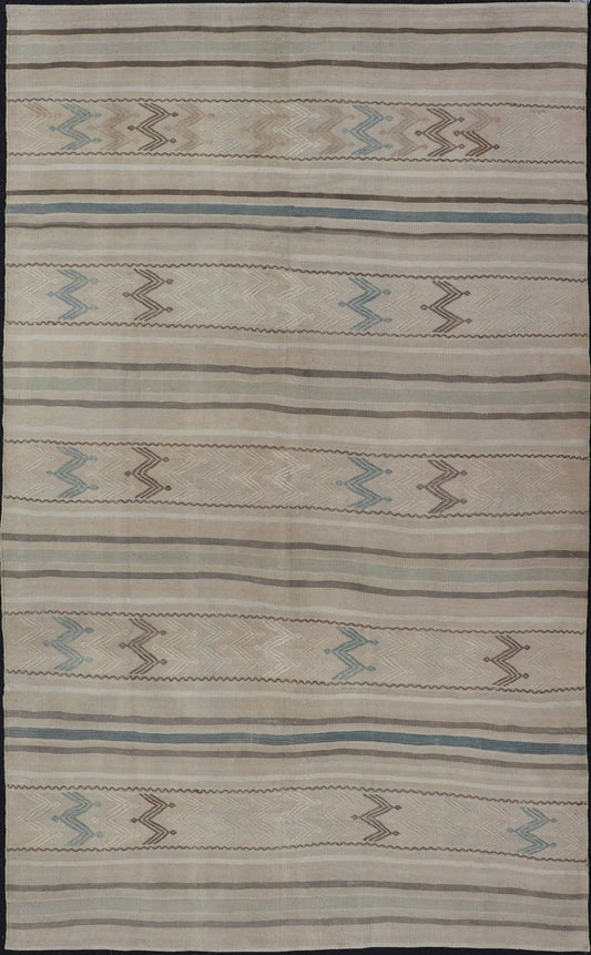 Vintage Turkish Flat - Weave Muted Colored Kilim in Taupe, Brown and Light Blue Minimalist design Kilim from Turkey inlight blue, brown, and taupe. Keivan Woven Arts / rug/EN - 179456, country of origin / type: Turkey / Kilim, circa 1950 This... - Keivan Woven ArtsEN - 179456 - 15372