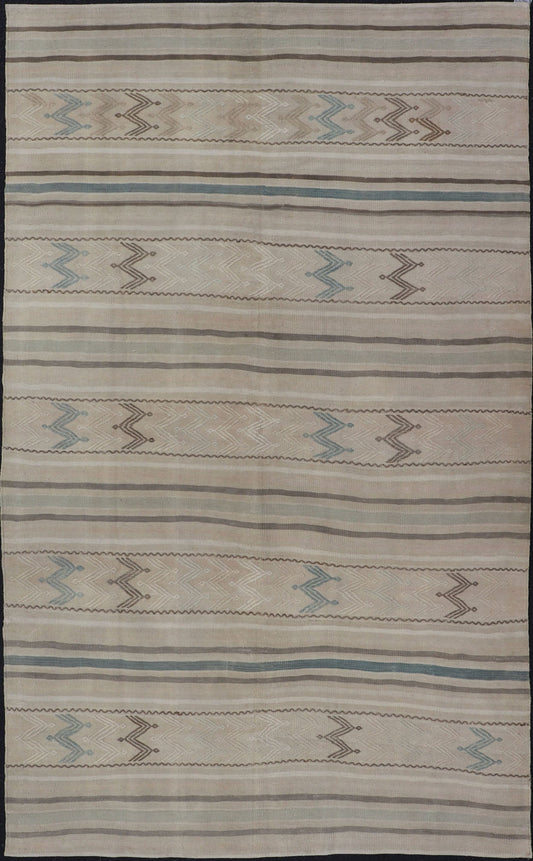 Vintage Turkish Flat - Weave Muted Colored Kilim in Taupe, Brown and Light Blue Minimalist design Kilim from Turkey inlight blue, brown, and taupe. Keivan Woven Arts / rug/EN - 179456, country of origin / type: Turkey / Kilim, circa 1950 This... - Keivan Woven ArtsEN - 179456 - 15372Rug