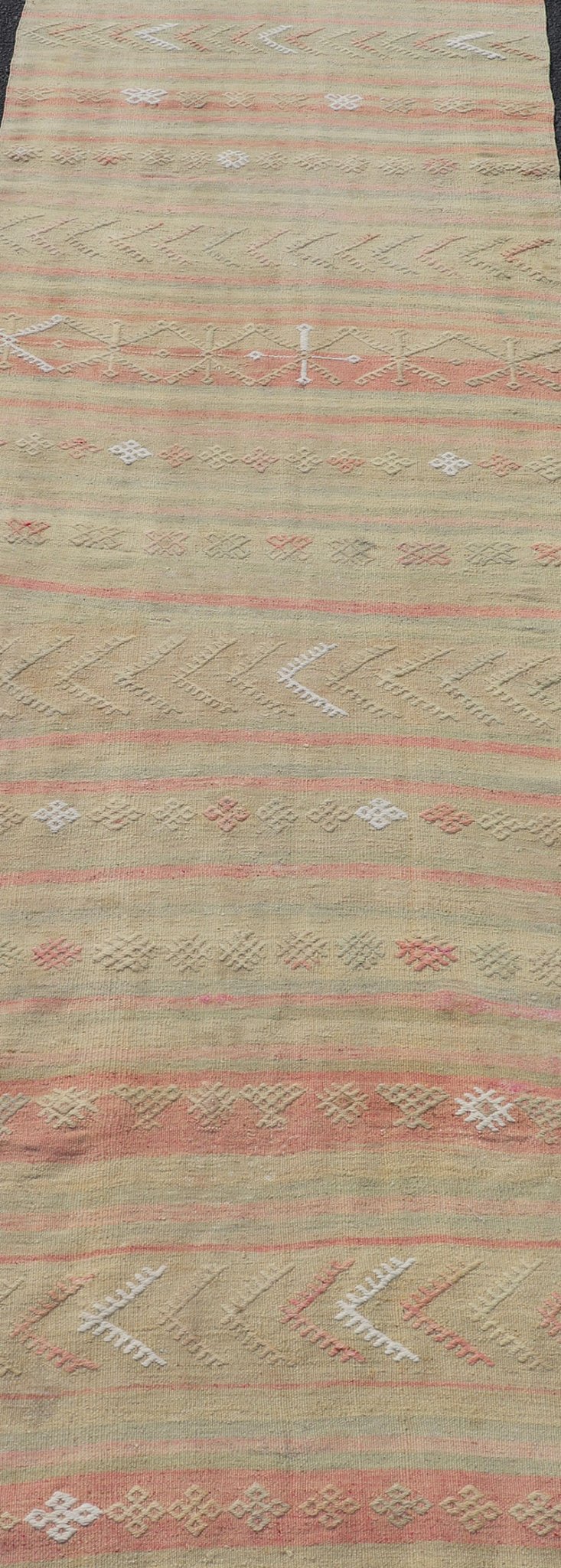 Vintage Striped Turkish Kilim Runner with Stripes in Tan, Ivory, & Light Coral Vintage Turkish Kilim vintage runner with modern/contemporary stripe design, Keivan Woven Arts / rug EN - 179475, country of origin / type: Turkey / Kilim, circa 19... - Keivan Woven ArtsEN - 179475 - 17598Rug