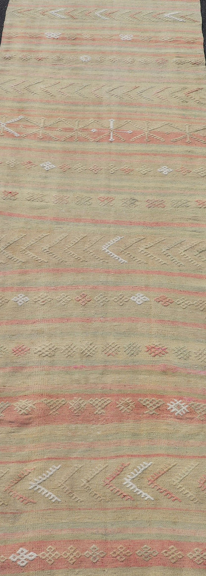 Vintage Striped Turkish Kilim Runner with Stripes in Tan, Ivory, & Light Coral Vintage Turkish Kilim vintage runner with modern/contemporary stripe design, Keivan Woven Arts / rug EN - 179475, country of origin / type: Turkey / Kilim, circa 19... - Keivan Woven ArtsEN - 179475 - 17598Rug