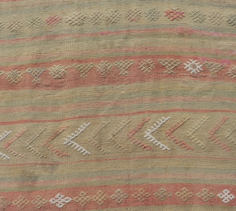 Vintage Striped Turkish Kilim Runner with Stripes in Tan, Ivory, & Light Coral Vintage Turkish Kilim vintage runner with modern/contemporary stripe design, Keivan Woven Arts / rug EN - 179475, country of origin / type: Turkey / Kilim, circa 19... - Keivan Woven ArtsEN - 179475 - 17598Rug
