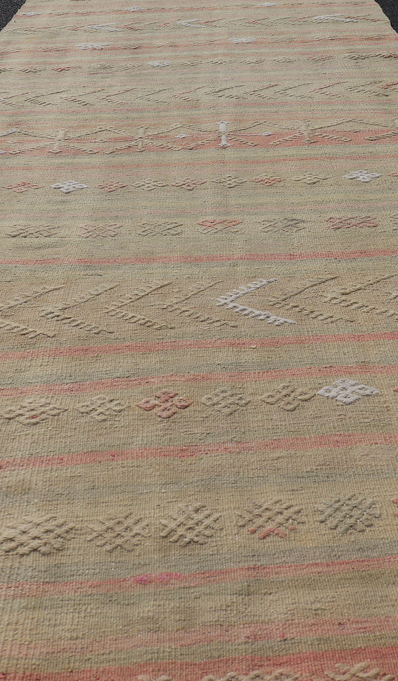 Vintage Striped Turkish Kilim Runner with Stripes in Tan, Ivory, & Light Coral Vintage Turkish Kilim vintage runner with modern/contemporary stripe design, Keivan Woven Arts / rug EN - 179475, country of origin / type: Turkey / Kilim, circa 19... - Keivan Woven ArtsEN - 179475 - 17598Rug