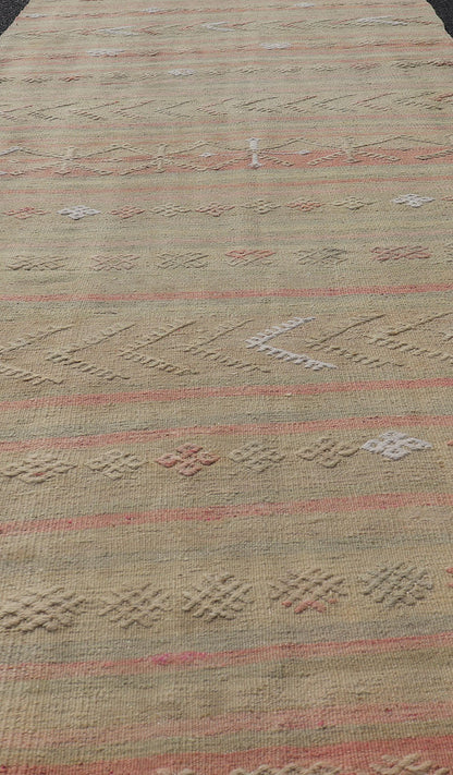 Vintage Striped Turkish Kilim Runner with Stripes in Tan, Ivory, & Light Coral Vintage Turkish Kilim vintage runner with modern/contemporary stripe design, Keivan Woven Arts / rug EN - 179475, country of origin / type: Turkey / Kilim, circa 19... - Keivan Woven ArtsEN - 179475 - 17598Rug