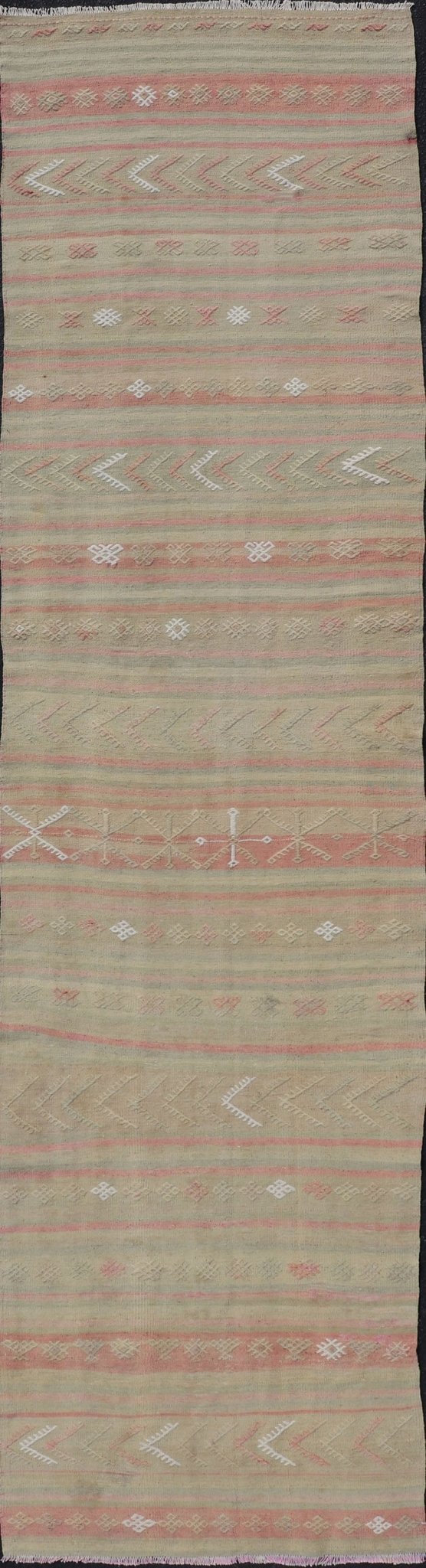 Vintage Striped Turkish Kilim Runner with Stripes in Tan, Ivory, & Light Coral Vintage Turkish Kilim vintage runner with modern/contemporary stripe design, Keivan Woven Arts / rug EN - 179475, country of origin / type: Turkey / Kilim, circa 19... - Keivan Woven ArtsEN - 179475 - 17598Rug