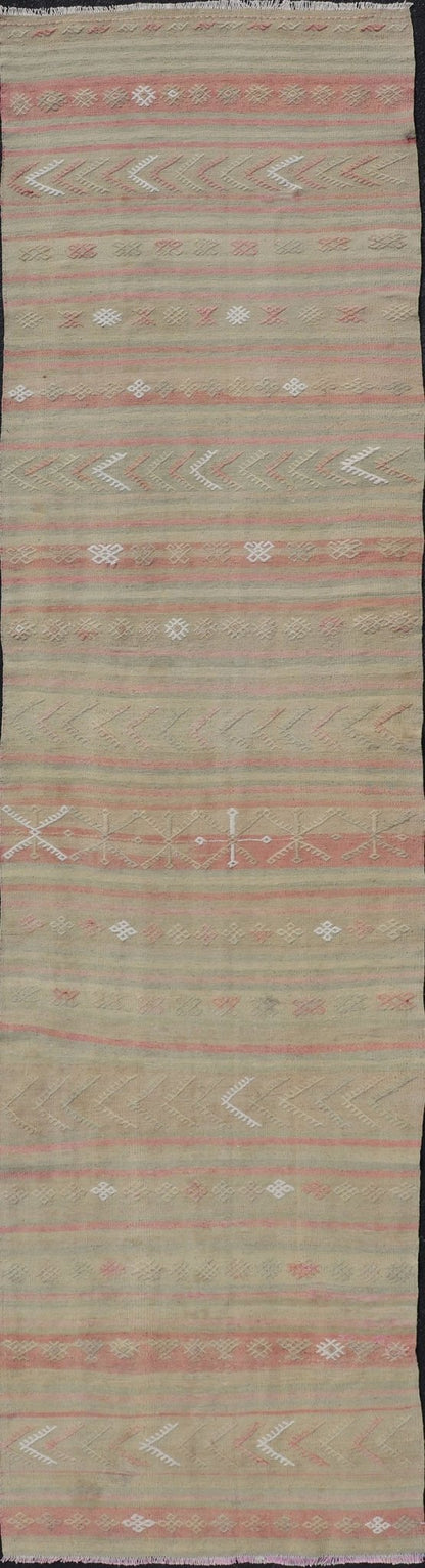 Vintage Striped Turkish Kilim Runner with Stripes in Tan, Ivory, & Light Coral Vintage Turkish Kilim vintage runner with modern/contemporary stripe design, Keivan Woven Arts / rug EN - 179475, country of origin / type: Turkey / Kilim, circa 19... - Keivan Woven ArtsEN - 179475 - 17598Rug