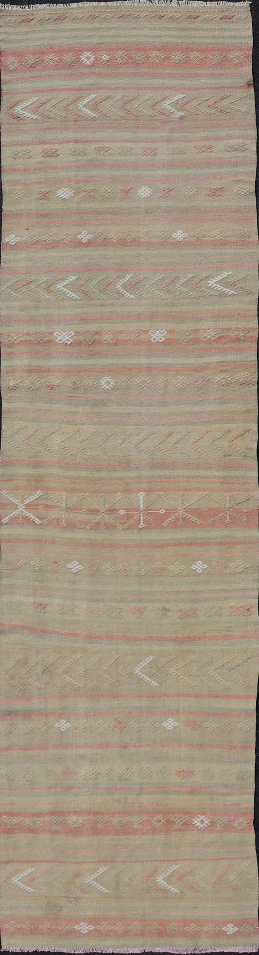 Vintage Striped Turkish Kilim Runner with Stripes in Tan, Ivory, & Light Coral Vintage Turkish Kilim vintage runner with modern/contemporary stripe design, Keivan Woven Arts / rug EN - 179475, country of origin / type: Turkey / Kilim, circa 19... - Keivan Woven ArtsEN - 179475 - 17598