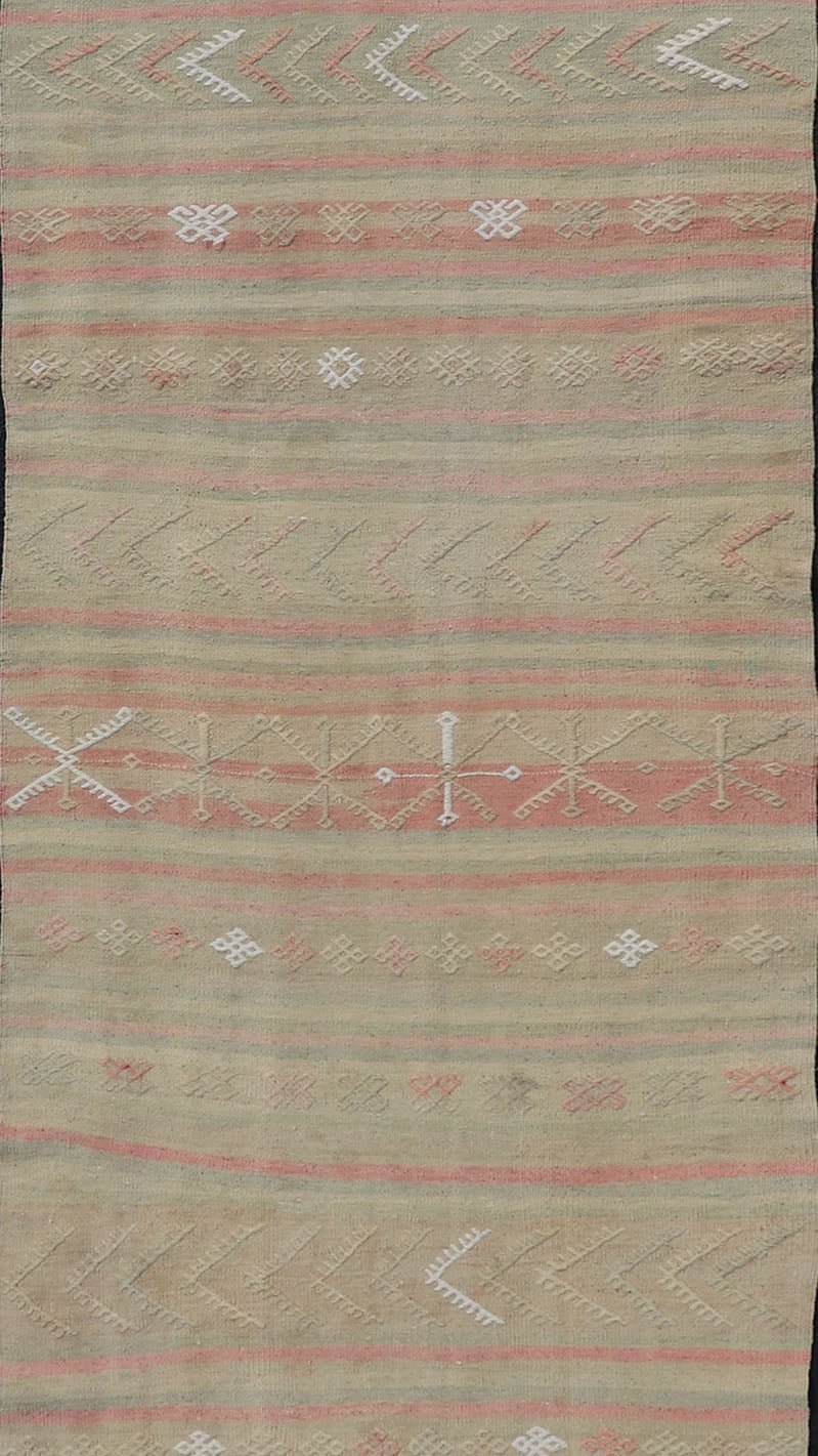 Vintage Striped Turkish Kilim Runner with Stripes in Tan, Ivory, & Light Coral Vintage Turkish Kilim vintage runner with modern/contemporary stripe design, Keivan Woven Arts / rug EN - 179475, country of origin / type: Turkey / Kilim, circa 19... - Keivan Woven ArtsEN - 179475 - 17598Rug