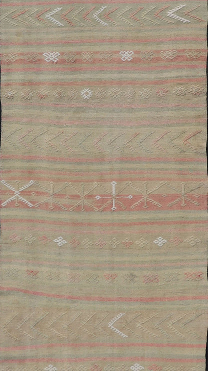 Vintage Striped Turkish Kilim Runner with Stripes in Tan, Ivory, & Light Coral Vintage Turkish Kilim vintage runner with modern/contemporary stripe design, Keivan Woven Arts / rug EN - 179475, country of origin / type: Turkey / Kilim, circa 19... - Keivan Woven ArtsEN - 179475 - 17598Rug