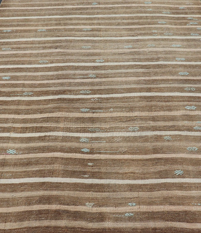 Turkish Vintage Kilim With Embroidered Rug with Tan, Taupe, Brown, and Lt. Blue. keivan Woven Arts / rug EN - 179481, country of origin / type: Turkey / Kilim, circa 1950 This vintage Turkish Kilim rug features a contemporary geometric stripe design. ... - Keivan Woven ArtsEN - 179481 - 17604Rug