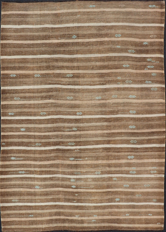 Turkish Vintage Kilim With Embroidered Rug with Tan, Taupe, Brown, and Lt. Blue. keivan Woven Arts / rug EN - 179481, country of origin / type: Turkey / Kilim, circa 1950 This vintage Turkish Kilim rug features a contemporary geometric stripe design. ... - Keivan Woven ArtsEN - 179481 - 17604