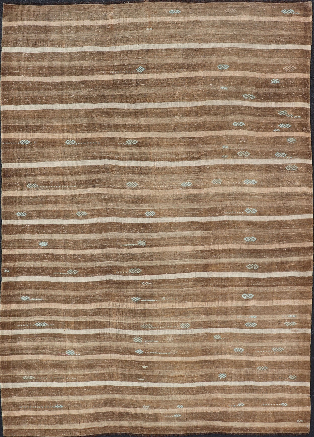 Turkish Vintage Kilim With Embroidered Rug with Tan, Taupe, Brown, and Lt. Blue. keivan Woven Arts / rug EN - 179481, country of origin / type: Turkey / Kilim, circa 1950 This vintage Turkish Kilim rug features a contemporary geometric stripe design. ... - Keivan Woven ArtsEN - 179481 - 17604Rug