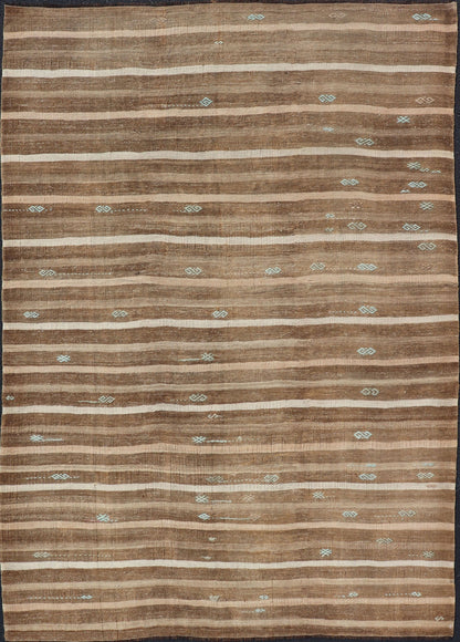 Turkish Vintage Kilim With Embroidered Rug with Tan, Taupe, Brown, and Lt. Blue. keivan Woven Arts / rug EN - 179481, country of origin / type: Turkey / Kilim, circa 1950 This vintage Turkish Kilim rug features a contemporary geometric stripe design. ... - Keivan Woven ArtsEN - 179481 - 17604Rug