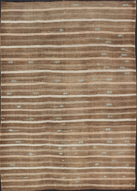 Turkish Vintage Kilim With Embroidered Rug with Tan, Taupe, Brown, and Lt. Blue. keivan Woven Arts / rug EN - 179481, country of origin / type: Turkey / Kilim, circa 1950 This vintage Turkish Kilim rug features a contemporary geometric stripe design. ... - Keivan Woven ArtsEN - 179481 - 17604Rug