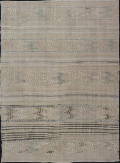 Vintage flat - weave Kilim with embroideries in tan, blue - gray with a modern design geometric stripe design Vintage Kilim from Turkey. Keivan Woven Arts / rug EN - 179491, country of origin / type: Turkey / Kilim, circa 1950 This vintage Turkish Kil... - Keivan Woven ArtsEN - 179491 - 17790Rug