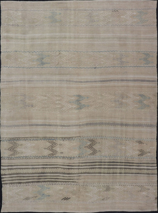 Vintage flat - weave Kilim with embroideries in tan, blue - gray with a modern design geometric stripe design Vintage Kilim from Turkey. Keivan Woven Arts / rug EN - 179491, country of origin / type: Turkey / Kilim, circa 1950 This vintage Turkish Kil... - Keivan Woven ArtsEN - 179491 - 17790Rug