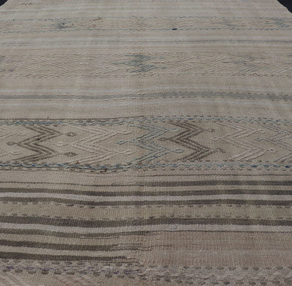 Vintage flat - weave Kilim with embroideries in tan, blue - gray with a modern design geometric stripe design Vintage Kilim from Turkey. Keivan Woven Arts / rug EN - 179491, country of origin / type: Turkey / Kilim, circa 1950 This vintage Turkish Kil... - Keivan Woven ArtsEN - 179491 - 17790Rug