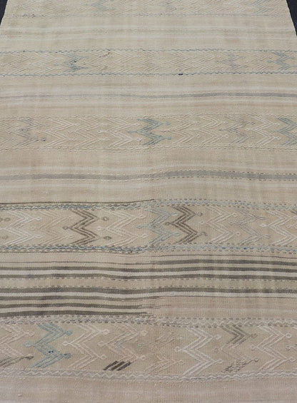 Vintage flat - weave Kilim with embroideries in tan, blue - gray with a modern design geometric stripe design Vintage Kilim from Turkey. Keivan Woven Arts / rug EN - 179491, country of origin / type: Turkey / Kilim, circa 1950 This vintage Turkish Kil... - Keivan Woven ArtsEN - 179491 - 17790Rug