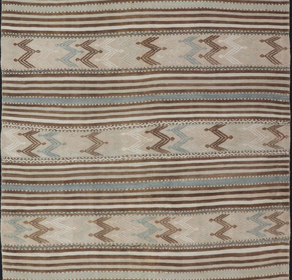 Turkish Hand Woven Flat - Weave Embroidered Kilim in Taupe, Brown, and Lt. Blue. Keivan Woven Arts / rug EN - 179493, country of origin / type: Turkey / Kilim, circa 1950 Measures: 4'6 x 8'4 This vintage flat - woven Embroidered kilim rug feat... - Keivan Woven ArtsEN - 179493 - 15380Rug
