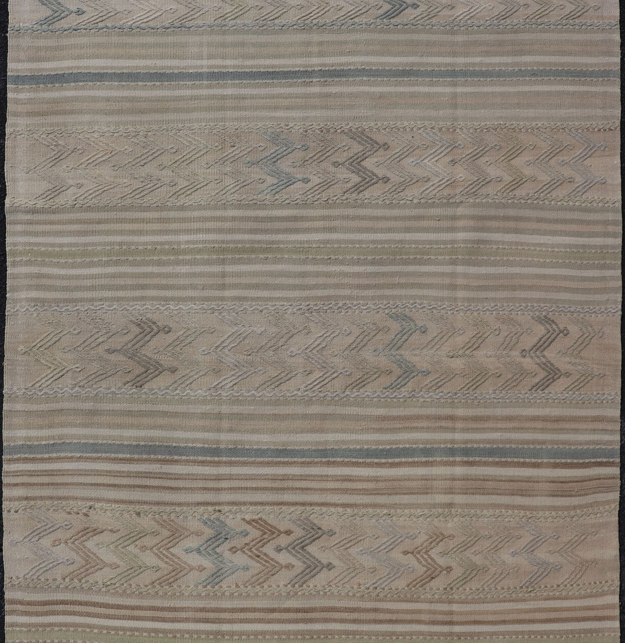 Vintage Turkish Flat - Weave Muted Colored Kilim in Taupe, Brown and Light Blue Turkish vintage Embroidered flat woven carpet. Keivan Woven Arts / rug EN - 179497, country of origin / type: Turkey / Oushak, circa 1940 This Embroidered kilim ... - Keivan Woven ArtsEN - 179497 - 17610Rug