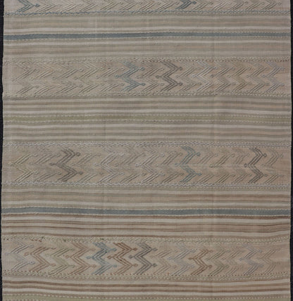 Vintage Turkish Flat - Weave Muted Colored Kilim in Taupe, Brown and Light Blue Turkish vintage Embroidered flat woven carpet. Keivan Woven Arts / rug EN - 179497, country of origin / type: Turkey / Oushak, circa 1940 This Embroidered kilim ... - Keivan Woven ArtsEN - 179497 - 17610Rug