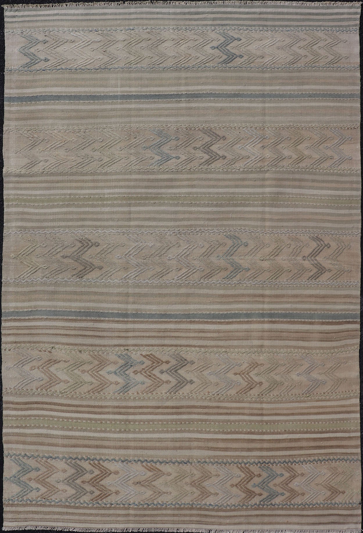 Vintage Turkish Flat - Weave Muted Colored Kilim in Taupe, Brown and Light Blue Turkish vintage Embroidered flat woven carpet. Keivan Woven Arts / rug EN - 179497, country of origin / type: Turkey / Oushak, circa 1940 This Embroidered kilim ... - Keivan Woven ArtsEN - 179497 - 17610Rug