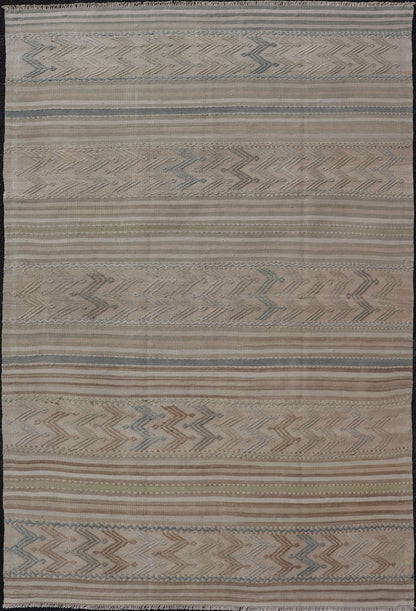 Vintage Turkish Flat - Weave Muted Colored Kilim in Taupe, Brown and Light Blue Turkish vintage Embroidered flat woven carpet. Keivan Woven Arts / rug EN - 179497, country of origin / type: Turkey / Oushak, circa 1940 This Embroidered kilim ... - Keivan Woven ArtsEN - 179497 - 17610Rug