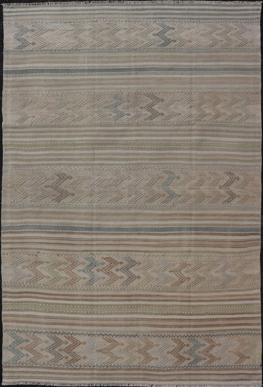 Vintage Turkish Flat - Weave Muted Colored Kilim in Taupe, Brown and Light Blue Turkish vintage Embroidered flat woven carpet. Keivan Woven Arts / rug EN - 179497, country of origin / type: Turkey / Oushak, circa 1940 This Embroidered kilim ... - Keivan Woven ArtsEN - 179497 - 17610Rug