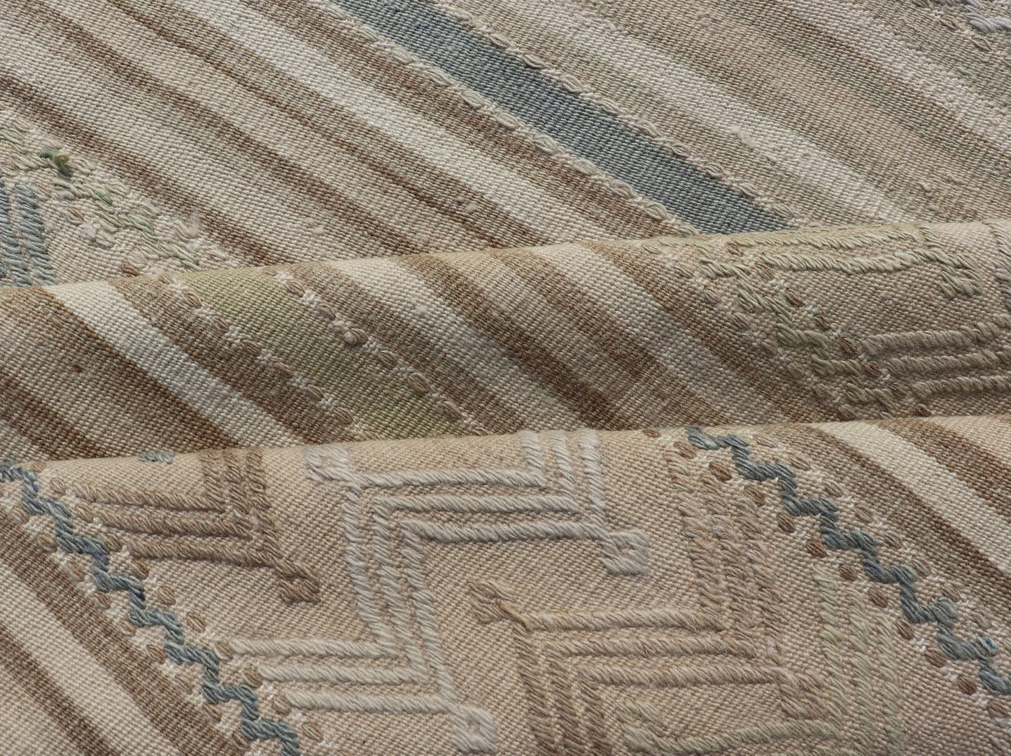 Vintage Turkish Flat - Weave Muted Colored Kilim in Taupe, Brown and Light Blue Turkish vintage Embroidered flat woven carpet. Keivan Woven Arts / rug EN - 179497, country of origin / type: Turkey / Oushak, circa 1940 This Embroidered kilim ... - Keivan Woven ArtsEN - 179497 - 17610Rug