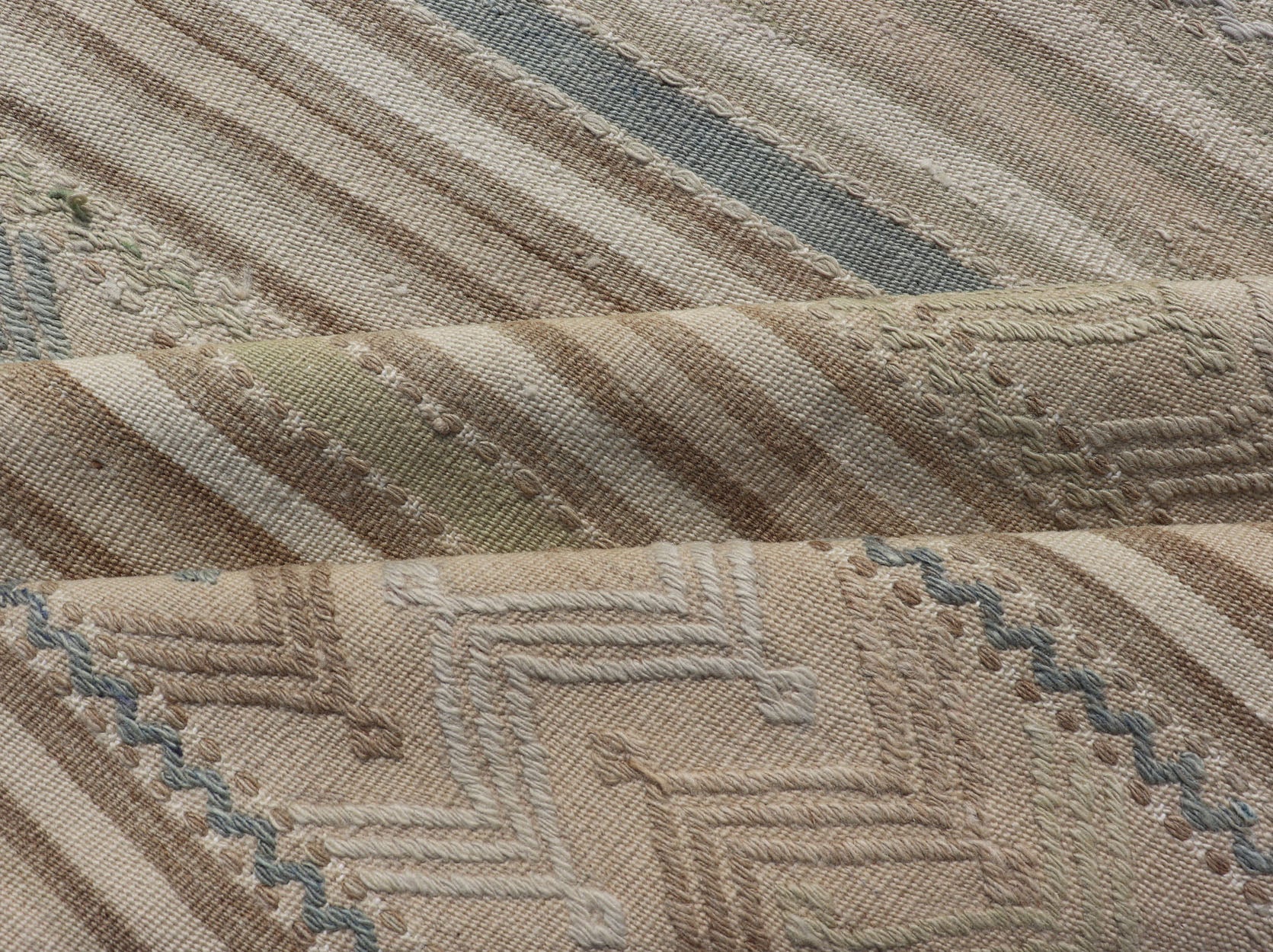 Vintage Turkish Flat - Weave Muted Colored Kilim in Taupe, Brown and Light Blue Turkish vintage Embroidered flat woven carpet. Keivan Woven Arts / rug EN - 179497, country of origin / type: Turkey / Oushak, circa 1940 This Embroidered kilim ... - Keivan Woven ArtsEN - 179497 - 17610Rug