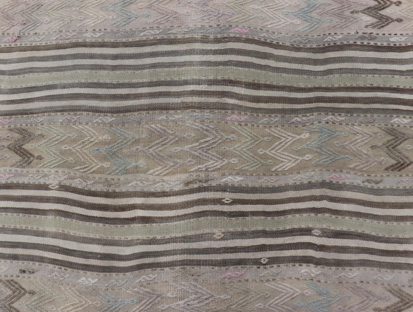 Vintage Turkish Flat - Weave Embroideries Kilim in Taupe, Lt. Blue, Brown, Blush Vintage flat - weave Kilim with embroideries with a modern design in tan, brown, blush, green and blue geometric stripe design Vintage Kilim from Turkey, Keivan Wov... - Keivan Woven ArtsEN - 179500 - 19094