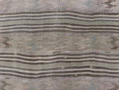 Vintage Turkish Flat - Weave Embroideries Kilim in Taupe, Lt. Blue, Brown, Blush Vintage flat - weave Kilim with embroideries with a modern design in tan, brown, blush, green and blue geometric stripe design Vintage Kilim from Turkey, Keivan Wov... - Keivan Woven ArtsEN - 179500 - 19094Rug