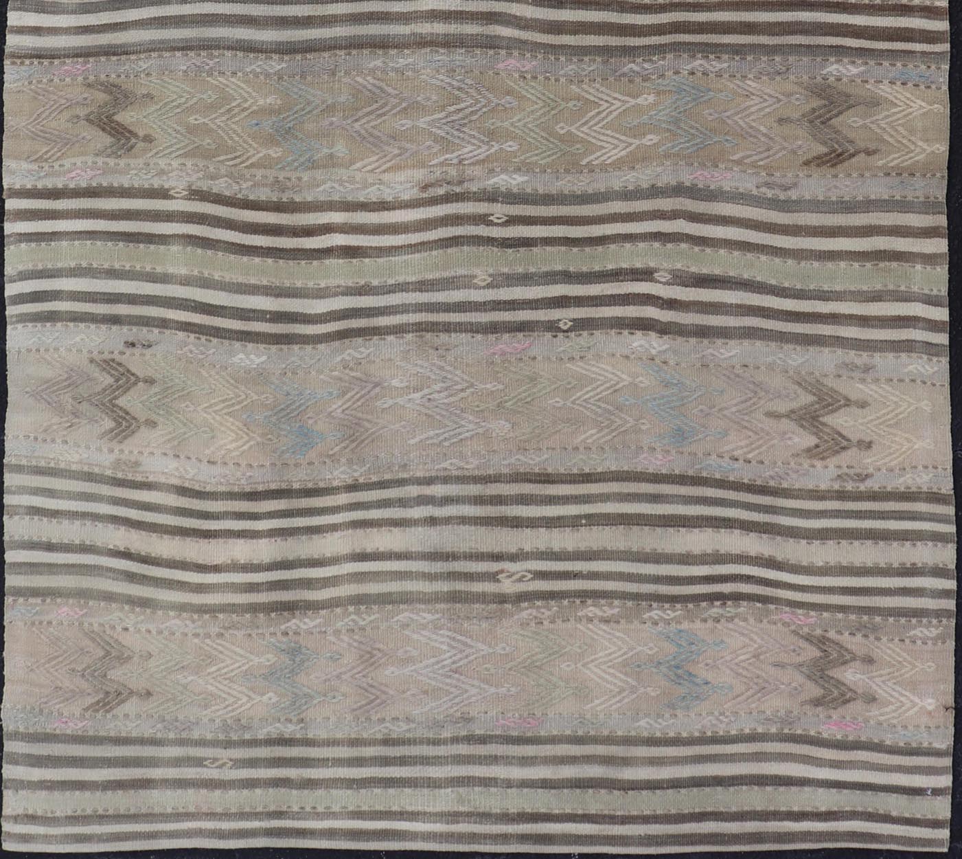 Vintage Turkish Flat - Weave Embroideries Kilim in Taupe, Lt. Blue, Brown, Blush Vintage flat - weave Kilim with embroideries with a modern design in tan, brown, blush, green and blue geometric stripe design Vintage Kilim from Turkey, Keivan Wov... - Keivan Woven ArtsEN - 179500 - 19094Rug