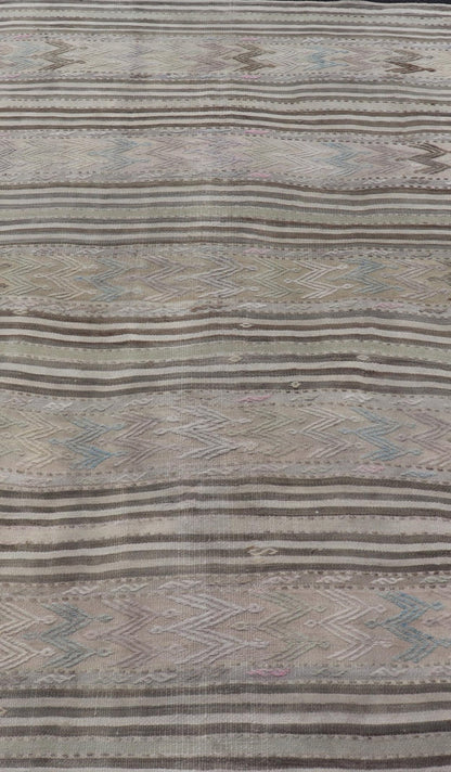 Vintage Turkish Flat - Weave Embroideries Kilim in Taupe, Lt. Blue, Brown, Blush Vintage flat - weave Kilim with embroideries with a modern design in tan, brown, blush, green and blue geometric stripe design Vintage Kilim from Turkey, Keivan Wov... - Keivan Woven ArtsEN - 179500 - 19094