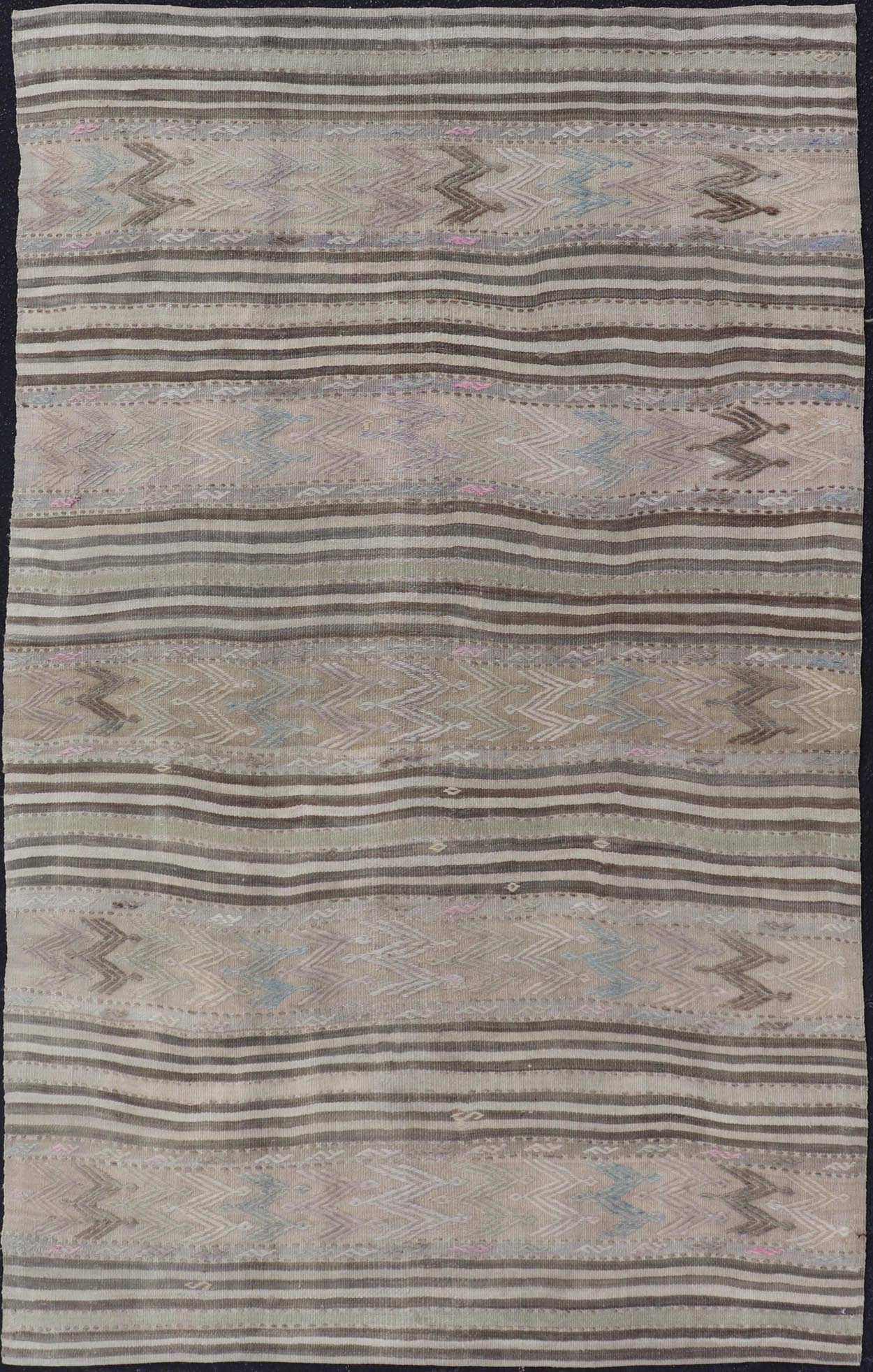 Vintage Turkish Flat - Weave Embroideries Kilim in Taupe, Lt. Blue, Brown, Blush Vintage flat - weave Kilim with embroideries with a modern design in tan, brown, blush, green and blue geometric stripe design Vintage Kilim from Turkey, Keivan Wov... - Keivan Woven ArtsEN - 179500 - 19094