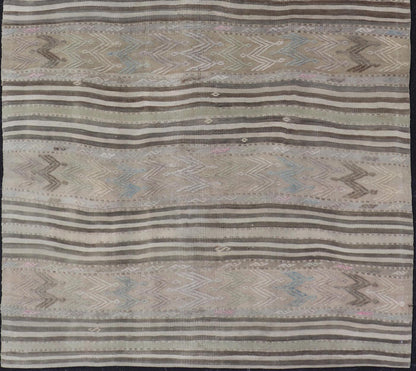 Vintage Turkish Flat - Weave Embroideries Kilim in Taupe, Lt. Blue, Brown, Blush Vintage flat - weave Kilim with embroideries with a modern design in tan, brown, blush, green and blue geometric stripe design Vintage Kilim from Turkey, Keivan Wov... - Keivan Woven ArtsEN - 179500 - 19094