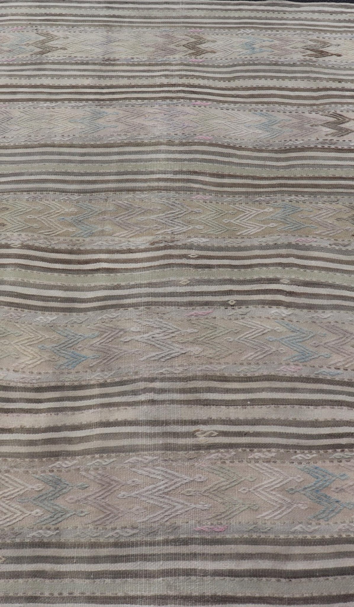 Vintage Turkish Flat - Weave Embroideries Kilim in Taupe, Lt. Blue, Brown, Blush Vintage flat - weave Kilim with embroideries with a modern design in tan, brown, blush, green and blue geometric stripe design Vintage Kilim from Turkey, Keivan Wov... - Keivan Woven ArtsEN - 179500 - 19094Rug
