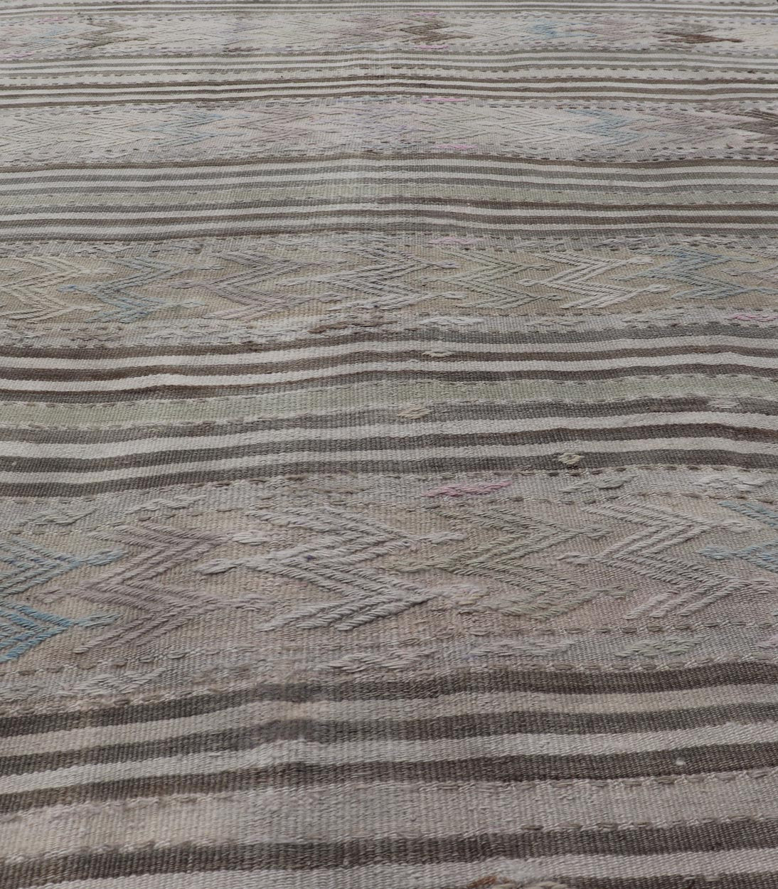 Vintage Turkish Flat - Weave Embroideries Kilim in Taupe, Lt. Blue, Brown, Blush Vintage flat - weave Kilim with embroideries with a modern design in tan, brown, blush, green and blue geometric stripe design Vintage Kilim from Turkey, Keivan Wov... - Keivan Woven ArtsEN - 179500 - 19094