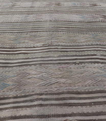 Vintage Turkish Flat - Weave Embroideries Kilim in Taupe, Lt. Blue, Brown, Blush Vintage flat - weave Kilim with embroideries with a modern design in tan, brown, blush, green and blue geometric stripe design Vintage Kilim from Turkey, Keivan Wov... - Keivan Woven ArtsEN - 179500 - 19094