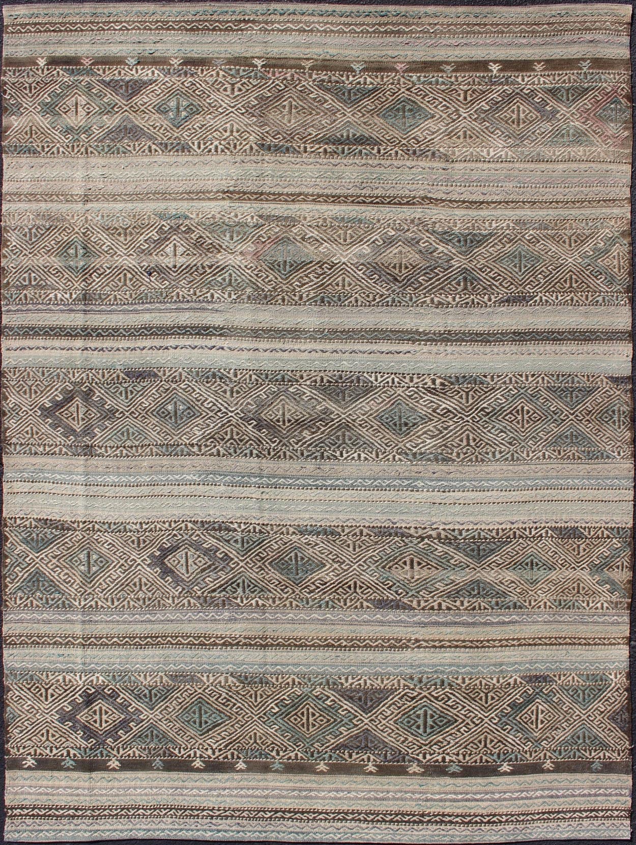Flat - Weave Turkish Vintage Kilim With Embroideries in Taupe, Green, Teal, Blue and Brown Vintage flat - weave Kilim with embroideries with a modern design in tan, brown, green and blue geometric stripe design Vintage Kilim from Turkey, Keivan W... - Keivan Woven ArtsEN - 179526 - 11737Rug