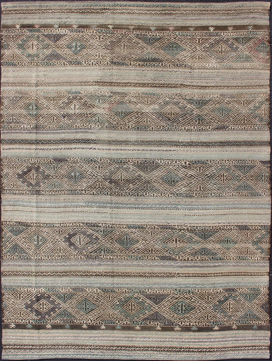 Flat - Weave Turkish Vintage Kilim With Embroideries in Taupe, Green, Teal, Blue and Brown Vintage flat - weave Kilim with embroideries with a modern design in tan, brown, green and blue geometric stripe design Vintage Kilim from Turkey, Keivan W... - Keivan Woven ArtsEN - 179526 - 11737Rug