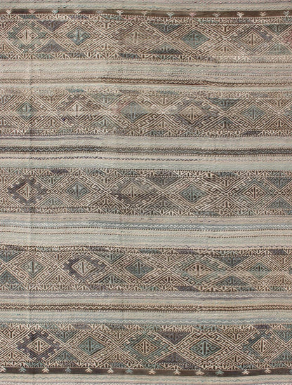 Flat - Weave Turkish Vintage Kilim With Embroideries in Taupe, Green, Teal, Blue and Brown Vintage flat - weave Kilim with embroideries with a modern design in tan, brown, green and blue geometric stripe design Vintage Kilim from Turkey, Keivan W... - Keivan Woven ArtsEN - 179526 - 11737Rug