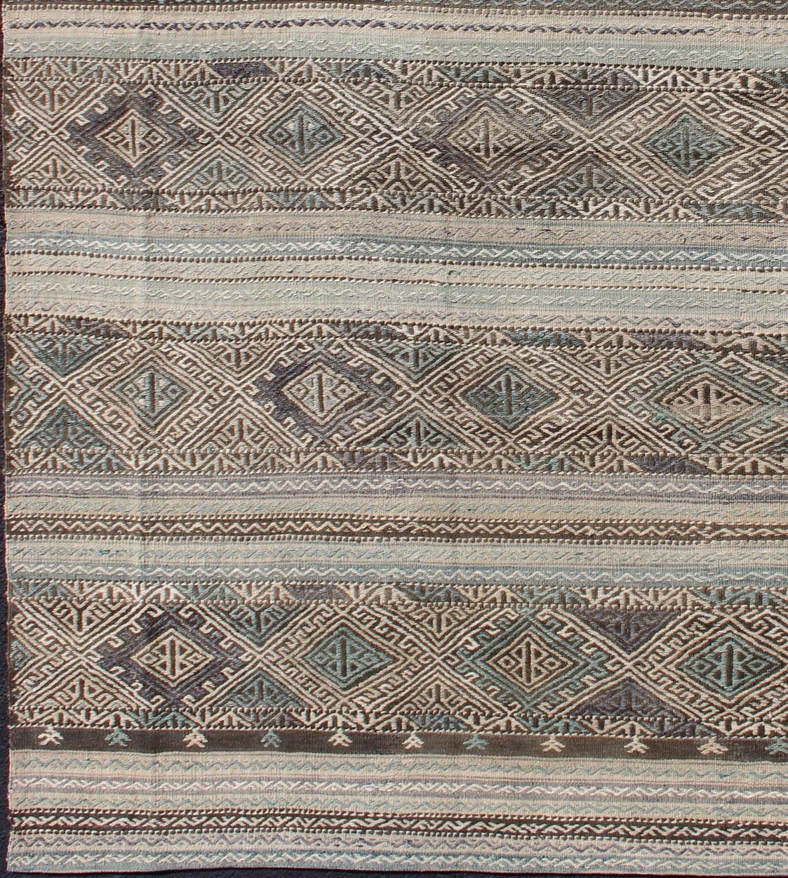 Flat - Weave Turkish Vintage Kilim With Embroideries in Taupe, Green, Teal, Blue and Brown Vintage flat - weave Kilim with embroideries with a modern design in tan, brown, green and blue geometric stripe design Vintage Kilim from Turkey, Keivan W... - Keivan Woven ArtsEN - 179526 - 11737Rug