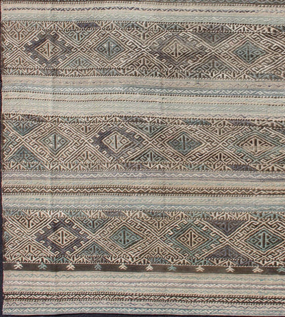 Flat - Weave Turkish Vintage Kilim With Embroideries in Taupe, Green, Teal, Blue and Brown Vintage flat - weave Kilim with embroideries with a modern design in tan, brown, green and blue geometric stripe design Vintage Kilim from Turkey, Keivan W... - Keivan Woven ArtsEN - 179526 - 11737Rug